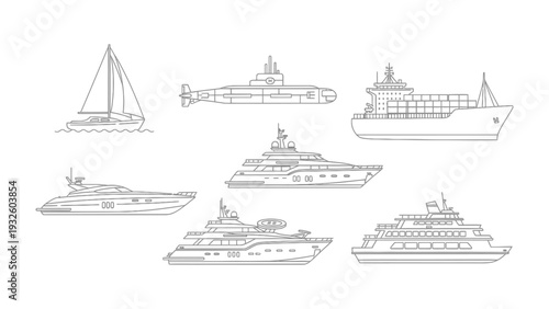 Maritime Fleet Lineup: A sleek collection of diverse vessels, including yachts, sailboats, a submarine, and cargo ships, artfully depicted in detailed line art, sailing across the open sea