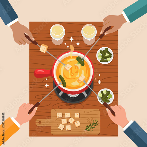 Friends Sharing Cheese Fondue Flat Lay Vector Illustration