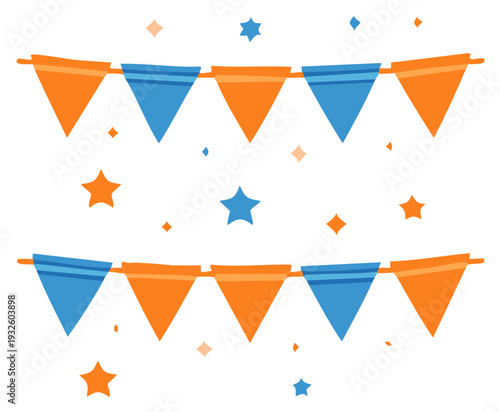 Festive pennant banner design, orange and blue triangle flags with stars, celebration