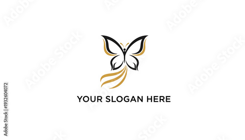 Graceful abstract butterfly emblem with a human silhouette, symbolizing transformation, freedom, and personal growth, featuring elegant flowing golden accents