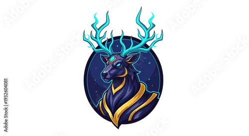 Stylized dark blue deer head with glowing cyan antlers and eyes, featuring golden stripes, set against a starry night sky background in a circular emblem.