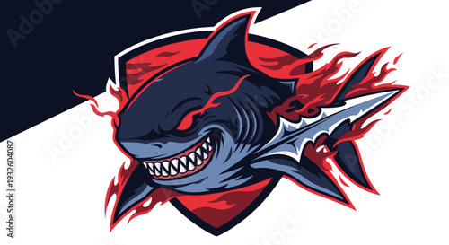 Aggressive shark mascot logo with glowing red eyes and sharp teeth, holding a dagger, surrounded by flames on a shield emblem.