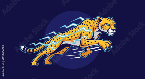 Dynamic illustration of a fast cheetah with lightning bolts, symbolizing speed and power on a dark blue background.