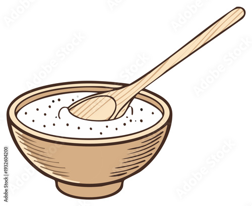 Wooden bowl with spoon and granular white food simple cartoon illustration