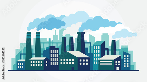 Stylized industrial city landscape with factories emitting smoke and pollution