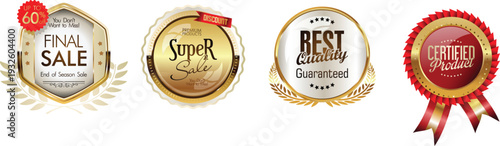 Collection of gold and red sale and best seller stickers on white background
