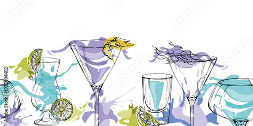 Tropical flavor lemonade, cyan liquid naliwka, energy drink served with citrus zest. Cool tone shot and cocktail ribbon with crisp ink outlines. Hand drawn vector for seamless borders and menu strips.