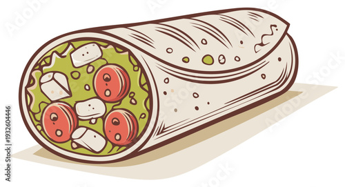 Cartoon burrito illustration with visible ingredients isolated on a white background
