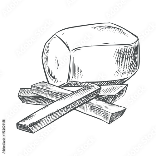 Vector sketch of a potato. Peeled tuber and vegetable pieces on a table. Ink outline drawing. Hand-drawn. Imitation of an engraving. A nutritious agricultural crop.