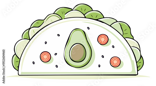 Fun Cartoon Taco with Lettuce, Avocado, Tomato, and Bean Toppings