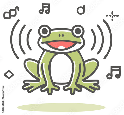 Happy cartoon frog singing with musical notes and sound waves