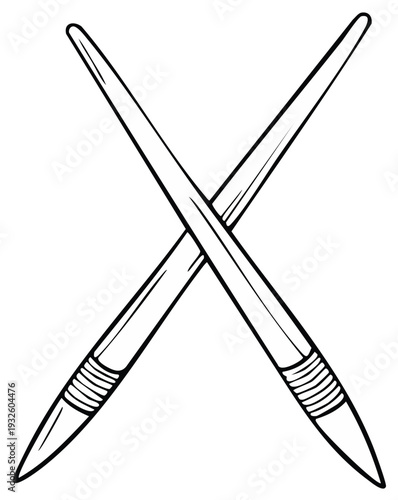 Pair of crossed knitting needles graphic illustration for crafts or handmade projects, black and white drawing