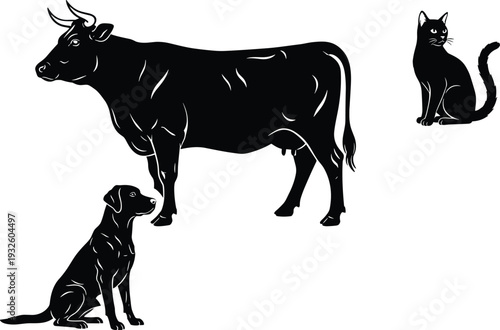 Black silhouette vector set featuring a domestic cow, a sitting labrador dog, and a curious cat isolated on white for livestock and pet design projects.