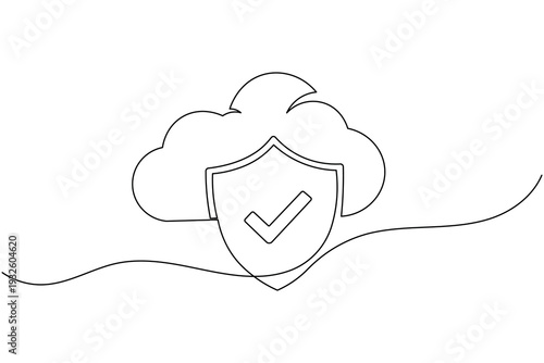 Cloud security protection continuous one line drawing for computing and data minimalist vector illustration