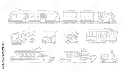 Transportation Collection: An assortment of various transportation options is arranged against a neutral background. This illustration highlights a variety of vehicles.