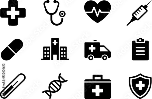 Medical including cross stethoscope heart pulse syringe pill hospital ambulance clipboard thermometer D N A first aid kit shield