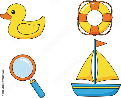 Set of cute cartoon summer beach and water activity icons including a yellow rubber ducky, lifebuoy ring, magnifying glass, and blue sailboat on white background.
