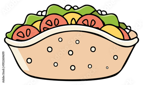 Delicious cartoon taco with fresh vegetables and fillings.