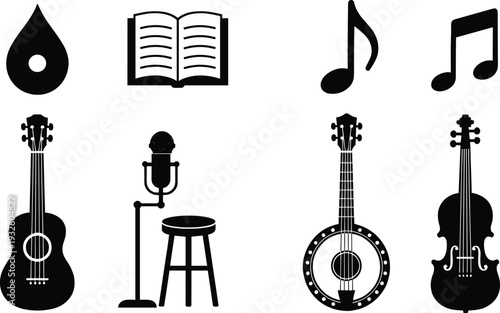 Black Vector Icon Set of Musical Instruments Featuring Acoustic Guitar Banjo Violin Microphone Stool Music Notes Open Book and Drop Design on White Background