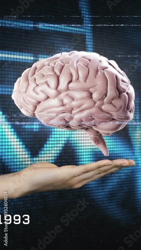 Vertical video: 3D brain appearing on DNA grid, hand entering, hovering over palm, showing DNA link