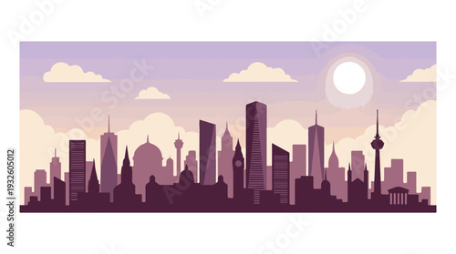 Modern city skyline silhouette against a vibrant sky with sun