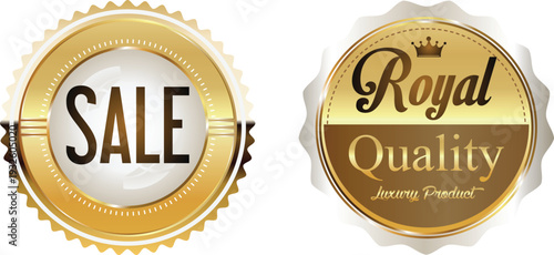 Gold sale and royal quality badges on white background