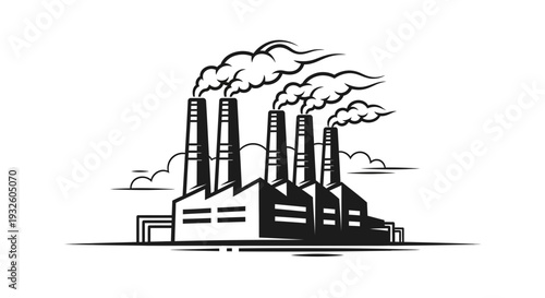 Industrial Factory with Smoking Chimneys Emitting Pollution into Atmosphere.