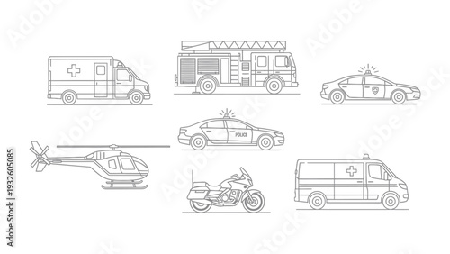 Emergency Vehicle Illustration: A comprehensive lineup of essential emergency vehicles. Each vehicle, meticulously detailed, represents a vital part of emergency services.