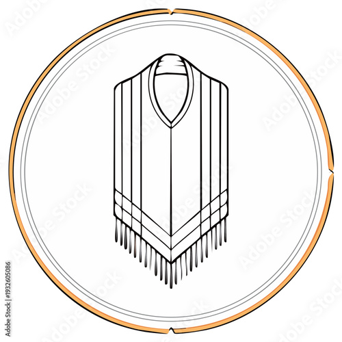 Black line art illustration of a traditional poncho garment featuring fringe detail and V neck opening