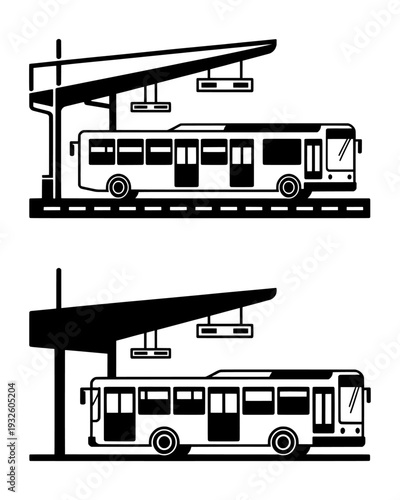 Minimalist bus station vector icons. Public transport terminal silhouette. City transit stop graphic set.