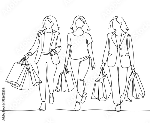 Minimalist continuous line art of three women shopping, stylish female shoppers with bags, fashion vector