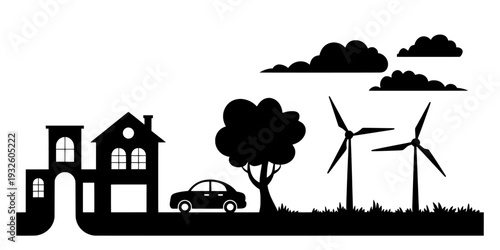 Sustainable green energy landscape silhouette, eco friendly house with wind turbines, renewable power vector