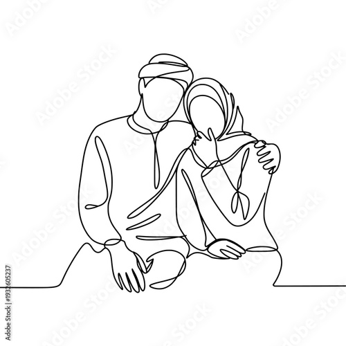 Continuous line art Muslim couple, romantic Islamic family vector, minimalist husband and wife line drawing