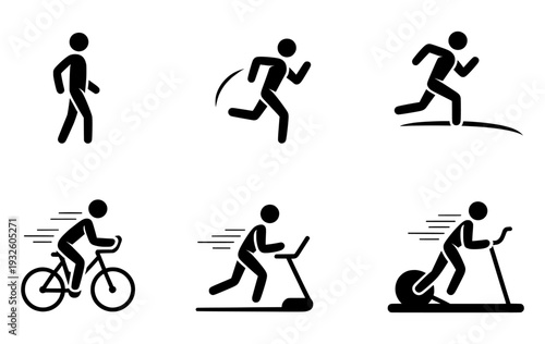Cardio exercise icon set, 6 fitness vector silhouettes, walking running cycling and gym workout equipment