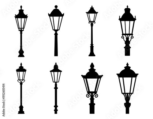 Vintage street lamp silhouettes, set of 8 antique gas light vectors, classic outdoor lantern icons for web