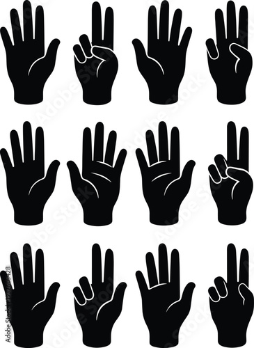 Black hand silhouettes in grid showing finger counting gestures, non-verbal communication signs, finger numbers, educational visual aid for counting, mathematics, learning,