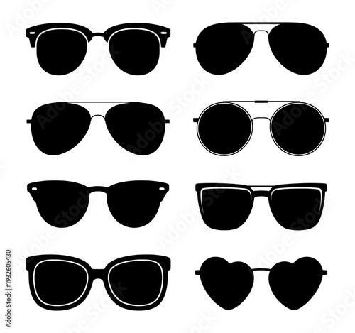 Sunglasses vector icons set of 8 black silhouettes. Aviator, round, and heart eyewear shapes for summer design