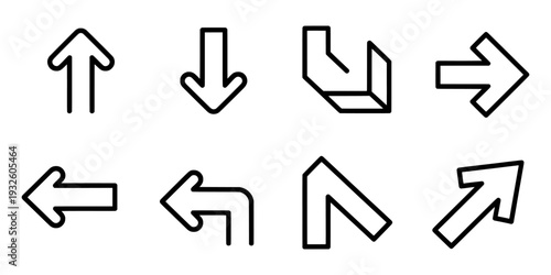 Minimalist arrow icon set, 8 black outline directional symbols, simple navigation vector for web and app UI