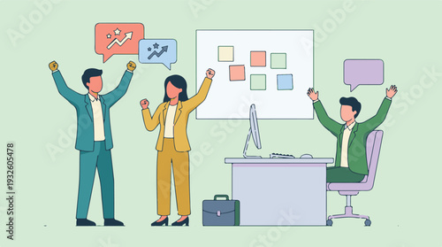 Business team celebrating success and achievement in a modern office