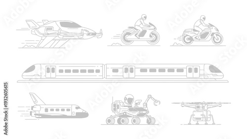 Vehicles in Motion: A dynamic illustration showcases various modes of transportation in a state of rapid transit, representing progress and innovation. 