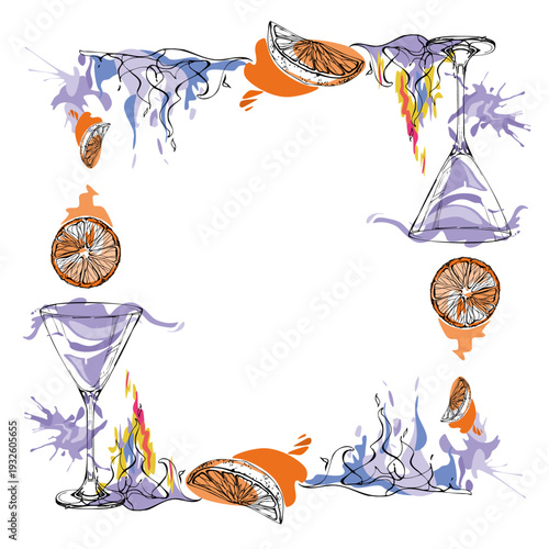 Lavender aviation cocktail in martini glass, burning flames, orange juice and slices. Hand drawn ink silhouettes modern vector frame. Isolated for event graphics, nightlife branding, recipe spreads.