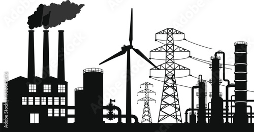 Black silhouette illustration of industrial infrastructure with factory smokestacks, storage tanks, wind turbine, transmission towers, and refinery pipes representing fossil fuels and renewable 