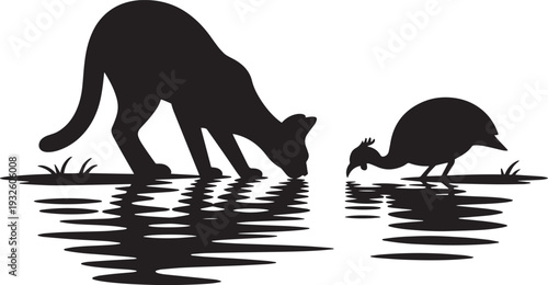 Cat and bird silhouette drinking at water reflection vector illustration wildlife nature art