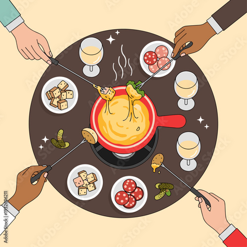 Flat Vector Illustration of a Social Cheese Fondue Dinner
