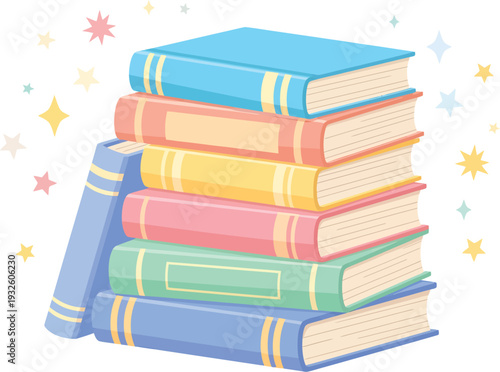 A vibrant and colorful stack of books with sparkles floating around them