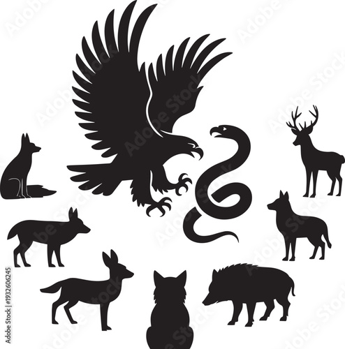 Collection of various wild animal silhouettes including birds, deer, and wolves vector illustration