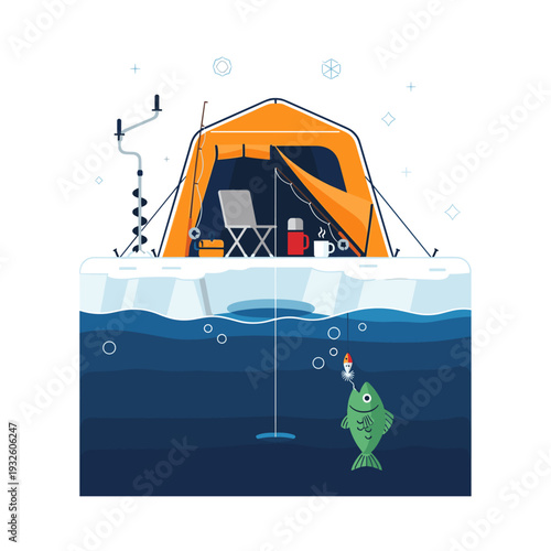 Cozy Ice Fishing Tent Cross-Section Vector Illustration