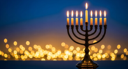 Celebrating the spirit of hanukkah with a majestic menorah and city lights
