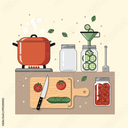 Flat Vector Illustration of a Home Canning Kitchen Scene