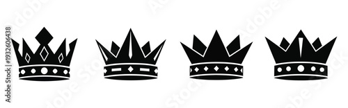 Four black crown silhouettes with varying spikes and ornate details on a white background